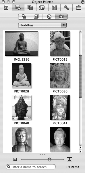 When you click the Object Palette’s Photos tab, Word opens a wormhole directly into your iPhoto library—or any other folder containing images. You can use the zoom slider at the bottom of the window to control the size of the thumbnails—helpful when you need to zoom in for a quick preview before selecting an image. When you find the perfect picture, drag it directly into your document.