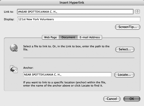 The Insert Hyperlink dialog box has a tab for each of the three types of Word hyperlinks. Click ScreenTip to edit the pop-up screen tip that appears when somebody points to your link without clicking.