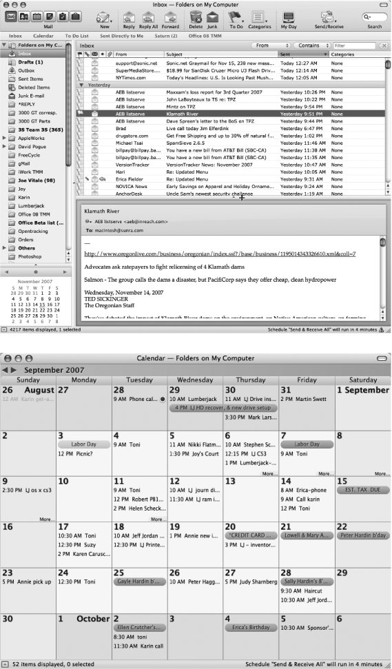 Top: Drag any of the window dividers to resize the panes according to your needs.Bottom: If you prefer to see the main information in the largest view, use the View (or Calendar) menu to hide everything that can possibly be hidden. This option is especially effective when you’ve opened multiple Entourage windows, as described in the box on .