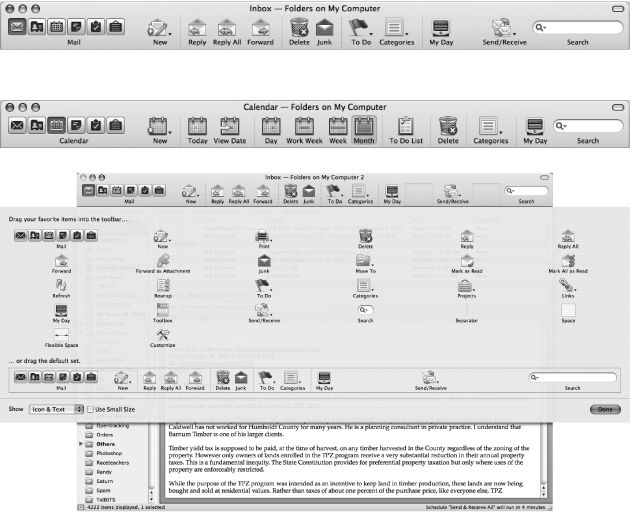 Entourage’s toolbar commands change to match the Entourage function you’re using, for example, switching from email icons (top) to calendar icons (middle). Control-click the toolbar to choose the display options or open the Customize Toolbar palette (bottom), and its complete catalog of available toolbar buttons.