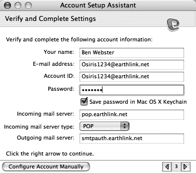 If you don’t import your settings from another email program or an earlier Entourage, the Entourage Setup Assistant walks you through the process of entering the pertinent information. If, for security reasons, you’d rather enter your password every time you check for email, then turn off the option to save your password in the Mac OS X Keychain.