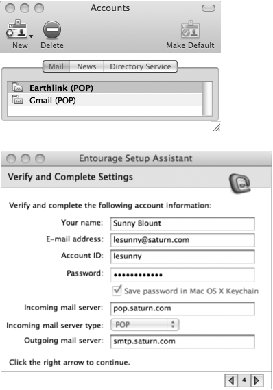 Top: Choose Tools → Accounts to summon the Accounts dialog box. Use the toolbar buttons to create or delete an account, or double-click an account to edit its settings.Bottom: The Account Settings tab of the Edit Account window has the same basic information as the Account Setup Assistant, but in a much more compact form.