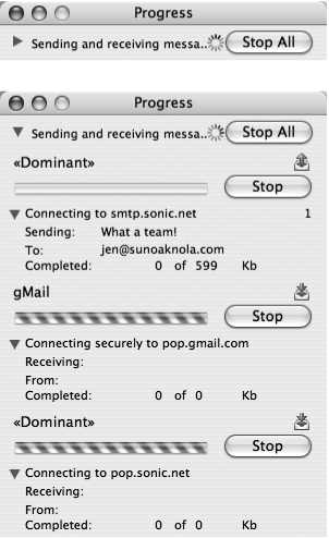 Top: The progress window first appears as a small window with a flippy triangle on the left side.Bottom: When you click it, the window shows you all of the details as it makes a network connection: what server has been checked, the number of messages left to be downloaded, where they’re coming from and how much of each message is left to be downloaded.