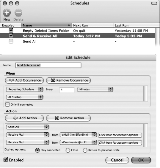 The Entourage Schedules window (top) shows all of the schedules available in your copy of Entourage. When you click the New button to create a new schedule (or double-click an existing schedule to edit it), the Edit Schedule window appears (bottom). Here you direct Entourage what to do and when to do it.