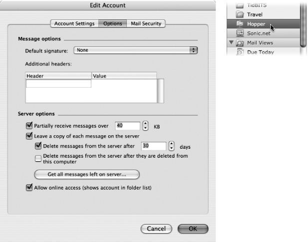 The Edit Account window (left) contains the “Allow online access” checkbox. The icon titled Hopper, located below the list of folders (right), is an online email account. When you select it, Entourage lets you read messages directly from the server without downloading them—particularly useful if you use more than one computer to check email.