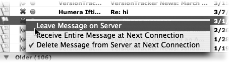 Online messages that you’ve deleted still show up in the message list, bearing an icon that looks like a red X. The next time that you connect to an online account, any messages that are marked for deletion will be shown the door. If you change your mind, you can click the deleted online message icon and choose “Leave Message on Server”.