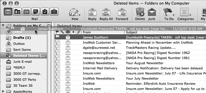 By dragging an item out of the Deleted Items folder, you can save it from certain doom. On the other hand, you can delete messages by dragging them into the Deleted Items folder.