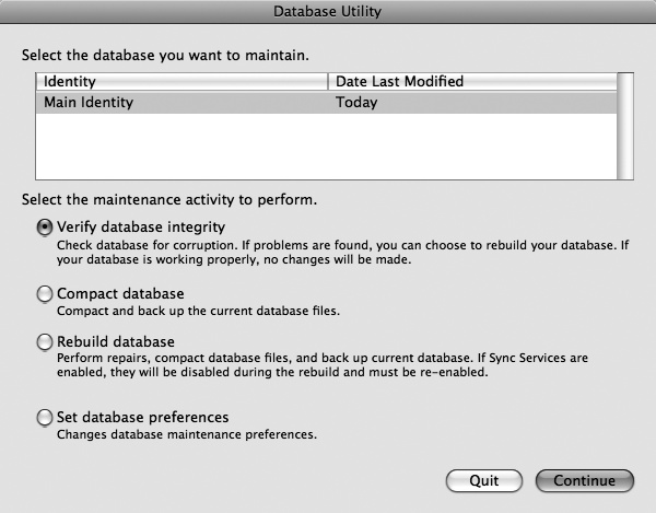 If Entourage is acting strangely, or you’d just like to compact its database to make it a smaller, more efficient file, then hold down the Option key while you launch the program to summon the Database Utility.