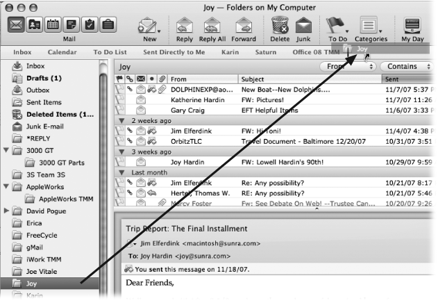 Create as many folders and subfolders as you need to organize your email life. Use the flippy triangles to reveal or conceal subfolders. For quick access to your favorite folders, use Entourage 2008’s new Favorites Bar by dropping a folder into it from the folder list. Remove a folder favorite by dragging it off the Favorites Bar. If you don’t see the Favorites Bar—or don’t want to see it—choose View → Show (or Hide) Favorites Bar.