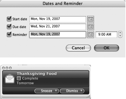 When you select a message and choose Choose Date from the Flag button’s pop-up menu, besides the date it appears in your To Do List and the date it’s due (top), you can set an Office Reminder to pop up at an appointed time to gently nudge you toward action (bottom).