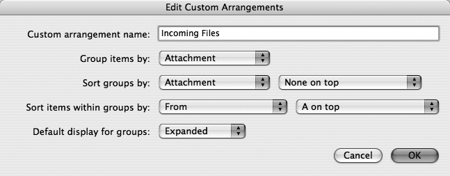 In order to sort and display your mail differently depending on the task at hand, you can create several custom arrangements and quickly switch between them by choosing View → Arrange By. The oddly named secondary “Sort groups by” pop-up menu determines whether the chosen group ends up at the top of the list or not.