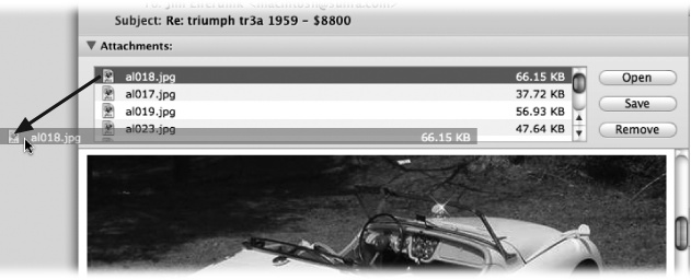 When you receive an attachment via email, you see it represented just above the message text. Nearby buttons let you open, save, or remove the attachment. But when you drag an attachment’s icon onto your desktop (or into a folder) you copy the file out of the Entourage world and into your Macintosh world, where you can file it, trash it, open it, or manipulate it as you would any file.