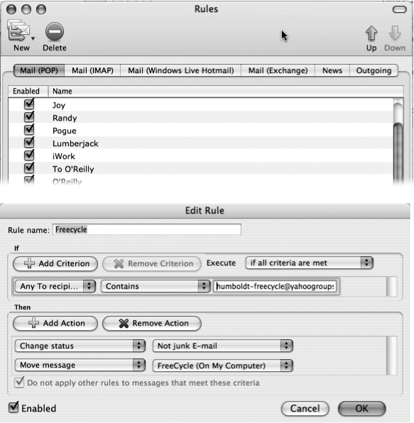 Top: Mail rules can help file your messages, serve as an email autoresponder, or call important messages to your attention. Choose Tools → Rules and click the appropriate Mail tab to create or view your rules. Select a rule to see what it does, and use the Up and Down buttons (or just drag the rule) to specify the order in which Entourage runs the rules.Bottom: Double-click a rule to open the Edit Rule dialog box, where you can specify or modify what the rule does.