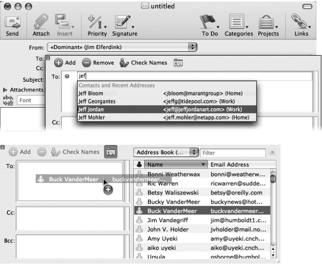 Top: As you type an address, a pop-up menu of matching names from your address book appears. Click the one that you want, press Tab to accept the highlighted name and enter another one. Or press Return to use the highlighted name, close the addressing window, and move to the Subject line.Bottom: Click the Address Book icon in the Address pane’s toolbar, scroll up and down your list of contacts, and drag addresses into the To, Cc, or Bcc panes. If you just double-click a name it goes directly into the To pane. Repeat the process to add more names.