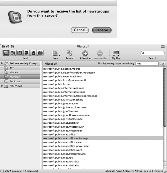 Top: After you create a newsgroup account, Entourage offers to fetch the list of every newsgroup on the server.Bottom: Enter the text that you want to look for in the newsgroup’s Filter (such as mac). If you turn up an appealing topic in the gigantic list beneath, select the group and click the Subscribe button in the Entourage toolbar, to subscribe to it so that Entourage will download the latest messages on that topic every time you connect.