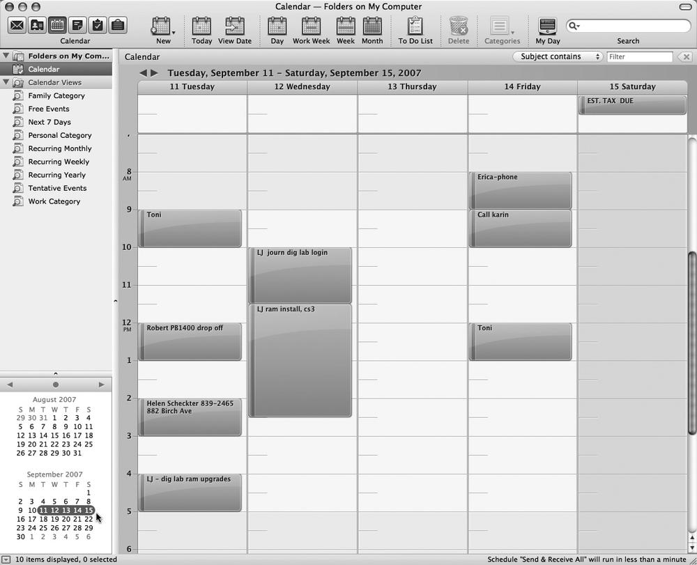 When you drag the cursor across a set of dates in the mini calendar, the main calendar shows nothing but those days. You can select as many as six weeks worth using this method. Just drag from the first date to the last date you want to see—you can even drag across months. Entourage displays today’s date in red and underlined on the mini calendar in an effort to keep you from coming unstuck in time.