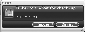 The Office Reminders program, which comes with Office 2008, handles reminders for events and tasks. When a reminder comes due, Office Reminders pops a little window in front of whatever else is on your screen. You can then choose to deal with the matter immediately, and drop what you’re doing to run out the door—or perhaps first click the calendar icon to open the event and check the details.