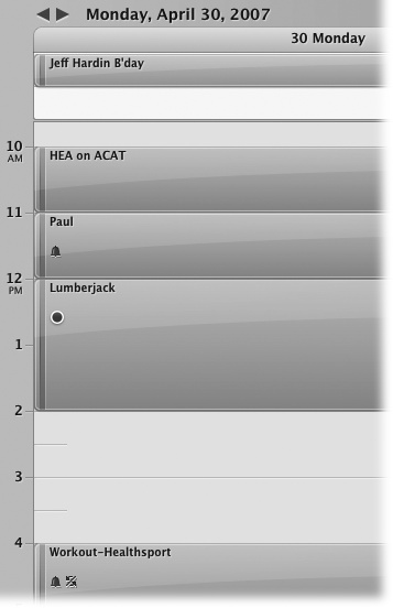 After you’ve created your event, it dutifully appears in your daily calendar nestled among your other calendar events. This column view shows All-day events (or banner events) at the top of the calendar, above the start of your day. Then, each event shows up as a colored box in the column. If an event has a reminder, a small bell icon appears in the box; if the event contains a note, it shows a notepad icon; if the event is recurring, it shows two arrows in a yin-yang arrangement; and if you’ve assigned an event to a project, a colored bullet alerts you to its status. (Events that are 30 minutes or less don’t have room to display these icons.)