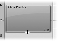 You can resize any Entourage calendar event by dragging its border. As your cursor touches the top or bottom edge of a calendar event, it turns into a horizontal line with the arrows above and below. You can now drag the border to make it encompass more or less time on your calendar. As you drag, Entourage displays a helpful reminder of the event’s total time.