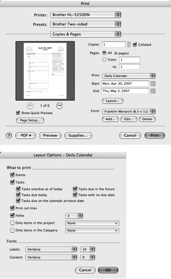 Not surprisingly, you press ⌘-P to invoke the Print dialog box—though it now features the many printing options for Entourage calendars (top). As shown here, you can even shape them to fit paper planners. If your planner brand isn’t listed in the form section, click Add Form to set the margins so that they fit your printer. Click the Layout button to open the Layout Options window (bottom) where you can control which calendar elements you wish to print.