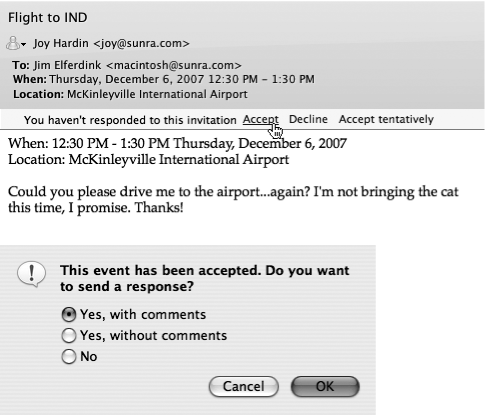 Top: When you receive an invitation in Entourage that’s from Entourage, you’ll see Accept, Tentative, and Decline buttons at the top of the message.Bottom: If you click any of the three buttons, Entourage asks whether you want to send a response with or without comments, or not send any response at all.