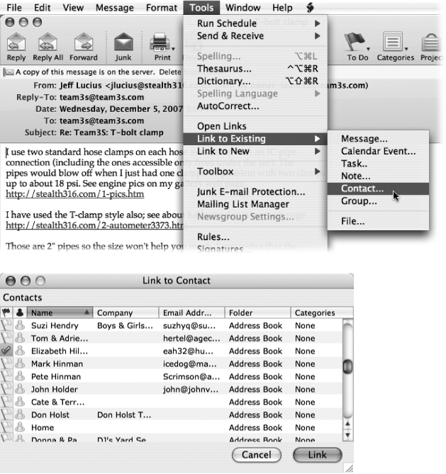 Use the omnipresent Search field in the Entourage toolbar to search for all the items containing your search term somewhere in their text. The more you type, the more Entourage whittles down your results. The Search bar provides buttons to focus on the current folder or other parts of your Entourage data repository. The Save button preserves this search so you can repeat it easily later (see ) while the plus-sign button switches you into the advanced search mode for a more precisely targeted search.