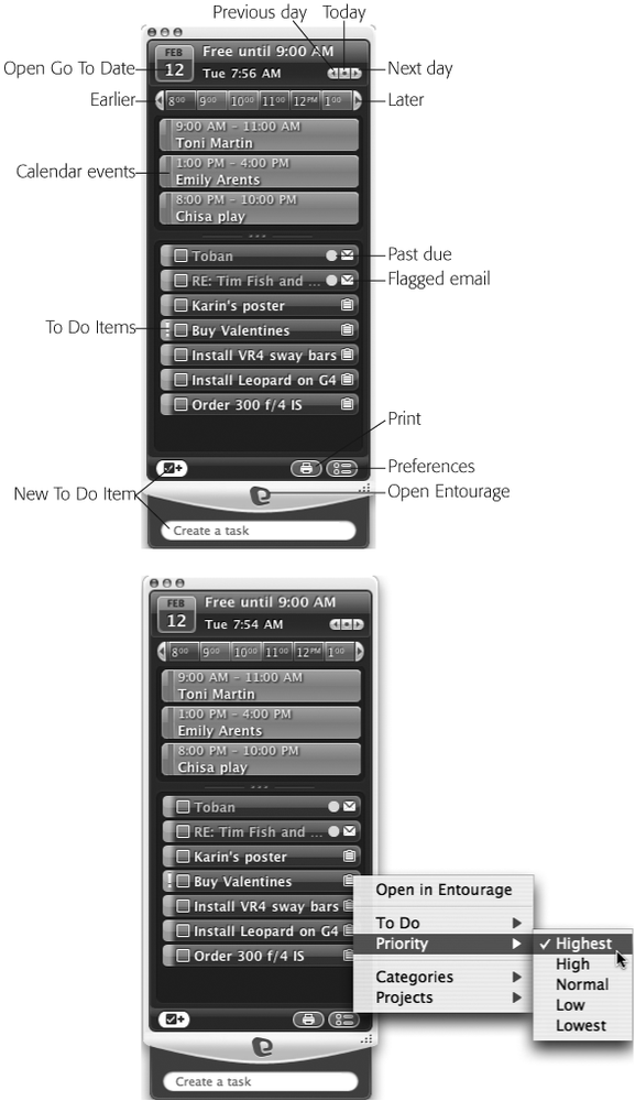 Top: To create a link, choose from the Tools → “Link to Existing” or “Link to New” submenu. Depending on the type of item you’re linking to—contact, note, calendar event, and so on—the “Link to” window appears (bottom) where you can select your linking destination.Bottom: After you’ve created a link, you can use the Links button in the toolbar (or Tools → Open Links) to open a separate window showing all linked items.