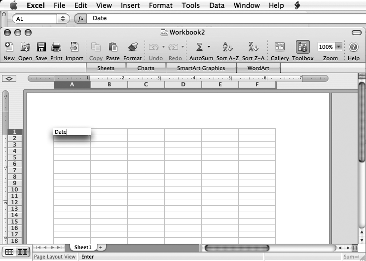 Excel 2008 has all the usual Mac OS X doodads, like close, minimize, and zoom buttons and a status bar. In the status area at the bottom left, Excel tells you what it thinks is happening—in this case, Enter indicates the active cell (A1) is being edited.