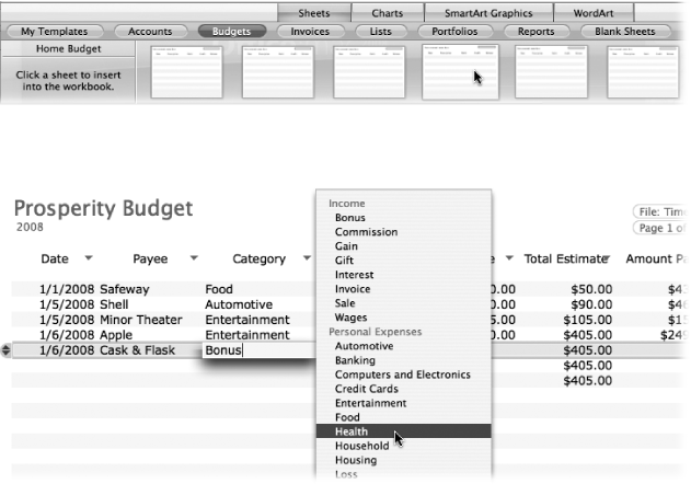 Top: You can quickly add a ledger sheet to an Excel workbook by clicking the Elements Gallery’s Sheets tab and clicking one of the Ledger Sheet category buttons. As you move your cursor over the thumbnails, the sheet title appears at the left; click a thumbnail to add the sheet to your workbook. Start typing to enter your data, and use Tab or Return to move to the next column.Bottom: Some columns (such as Category) feature a gray triangle, click it to choose an entry from a pop-up menu. (Ledger Sheets are actually lists, which are described starting on .)