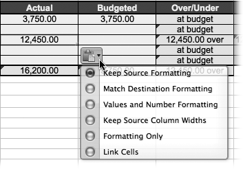 A smart button often appears just after you paste data into a cell. Click its arrow to display a small pop-up menu from which you can choose to retain the source formatting (so that the text will retain the formatting it had in its original location or document) or match the destination formatting (in which Excel automatically adjusts the text to the formatting in the current workbook). Variations include pasting just the values and number formatting, pasting the source column width, pasting just the cell formatting, and creating a link to the source cell (see ). Since Excel isn’t psychic, the smart button gives you a chance to tell it whether you had the old or new formatting in mind.