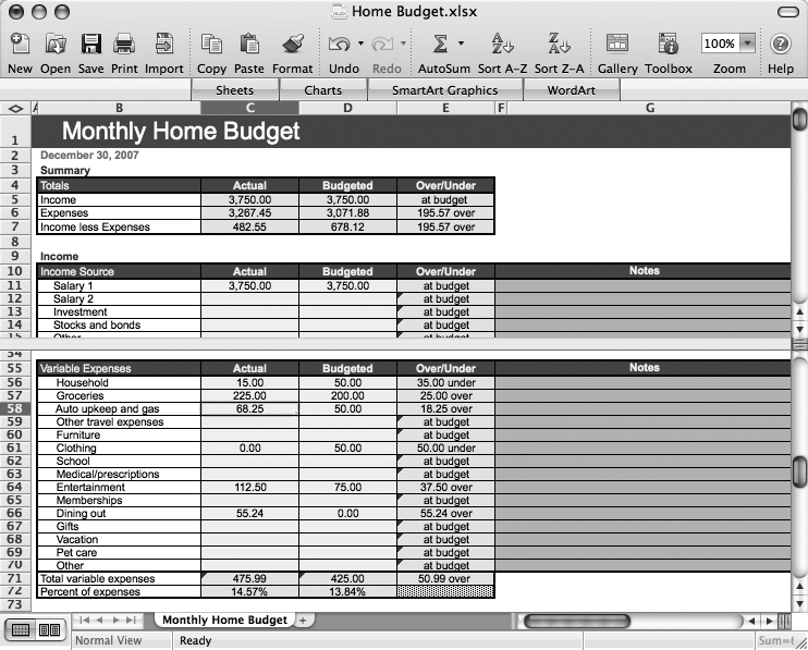 Double-click or drag the horizontal or vertical split boxes to simultaneously view two or four parts of a large spreadsheet in one window. Double-click the bar between panes to remove the split view.