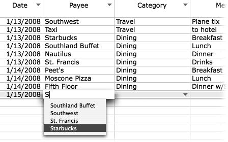 Excel’s AutoComplete function watches as you type in a given cell. If your entry looks as though it might match the contents of another cell in the same column, Excel shows a pop-up menu of those possibilities. To select one, press the down arrow until the entry you want is highlighted, and then press Return. Alternatively, just click the entry in the list. Either way, Excel finishes the typing work for you.