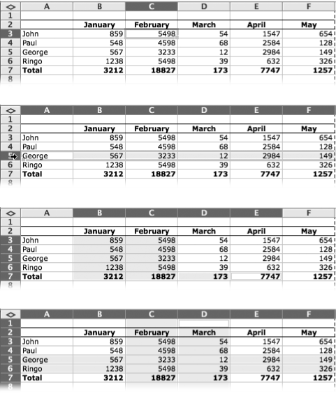 You can highlight spreadsheet cells, rows, and columns in various combinations. You can copy using rectangular-shaped selections, but you can apply cell formatting changes to any group of selected cells.Top: Click a cell (or arrow-key your way into it) to highlight just one cell.Second from top: Click a row number or column letter (row 5, in this case) to highlight an entire row or column.Third from top: Drag to highlight a rectangular block of cells; add individual additional cells to the selection by ⌘-clicking.Bottom: ⌘-click row headings and column headings to highlight intersecting rows and columns.