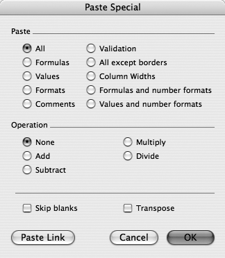 The Paste Special command lets you paste formulas, comments, and formatting independently. The Operations options let you perform a mathematical operation as you paste, such as adding what you’ve copied to the contents of the cells you’re pasting over.