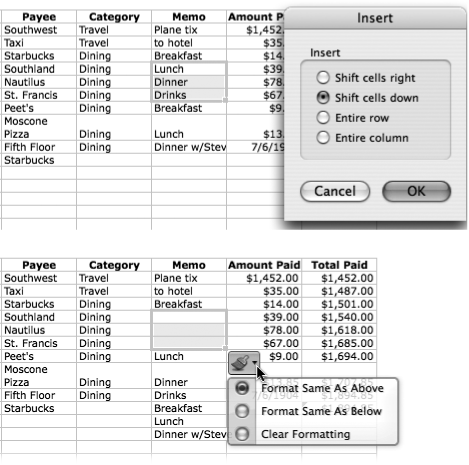 When you select cells and then choose Insert → Cells, Excel asks where you want to put the new cells (top). The two buttons at the bottom let you insert entire rows or columns. Excel then inserts the same number of cells as you’ve selected in the location selected, and moves the previous residents of those cells in the direction that you specify (bottom). In addition, the Format smart button appears, giving you three choices: format your new cells to match those above, those below, or without formatting at all.