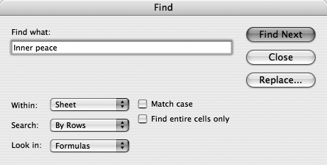 Using the Search pop-up menu, you can specify whether Excel searches the highlighted cells from left to right of each row (“By Rows”) or down each column (“By Columns”). Use the “Look in” pop-up menu to specify which cell components are fair game for the search: formulas, values (that is, the results of those formulas, and other data you’ve typed into the cells), or comments. Turn on “Match case” if you’re trying to find “Bill” and not “bill.”