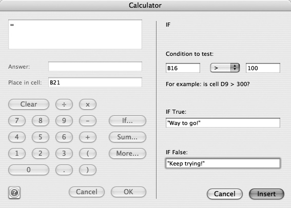 The Calculator lets you build a formula with just a few button clicks—in this case, an IF statement that presents different messages depending on the value of B16. Once you’ve perfected the formula, click OK to insert it into the active cell.