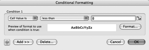 Choose Format → Conditional Formatting to make cells style their contents according to the conditions you set in this dialog box. Let Excel tell you when your finances are “in the red” by formatting any negative numbers with that eye-catching color. Use the pop-up menus in the first line to set the condition and then click the Format button to tell Excel how to format the cell when that condition is met.