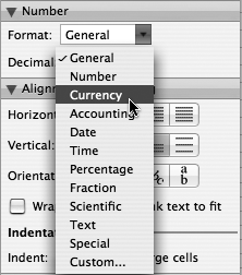 The Number section of the Formatting Palette provides quick access to common number formatting options via the Format pop-up menu. It also lets you increase or decrease the number of decimal places shown by clicking the Increase Decimal or Decrease Decimal buttons.