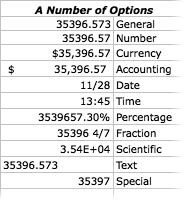 Here’s how the 11 different number formats make the number 35396.573 look. Some of the differences are subtle, but important. The contents of Text formatted cells are left-justified, for example, and the Number format lets you specify how many decimal places you want to see. Date and Time formats treat any number you specify as date and time serial numbers—more a convenience for Excel than for you.