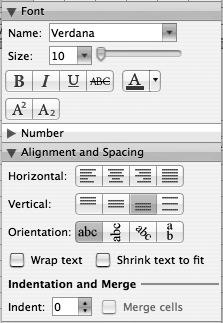 Top: By tweaking the controls in the Font section of the Formatting Palette, you can quickly create your own custom text look.Bottom: The “Alignment and Spacing” section of the Formatting Palette provides precise control over how text fills a cell; it can even be used to join cells together.