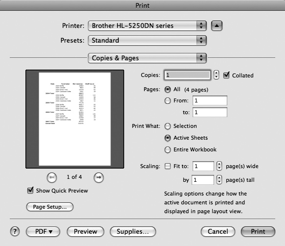 When you choose File → Print, the standard print dialog box appears, subtly enhanced with Excel-only features. Use the Print What radio buttons to choose between entire workbook, just the active sheets, or only a selected area. If you need to be sure to squeeze all the rows or columns onto a certain number of pages, click the Scaling checkbox and enter the number of pages wide, and tall. This feature frequently comes in handy to fit a just-slightly-larger-than-one-page spreadsheet onto one page.