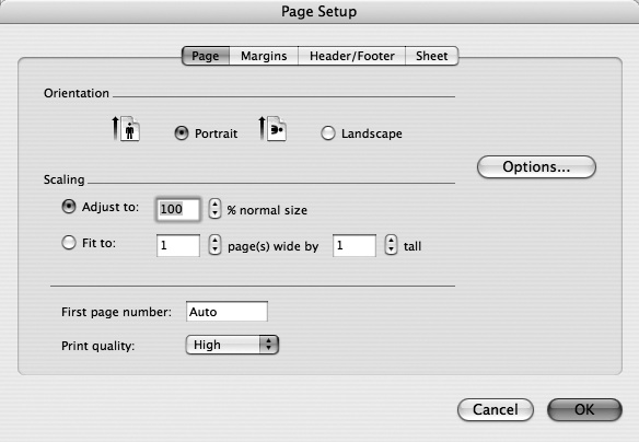 The Page tab of the Page Setup dialog box is another place to start if you want a spreadsheet to print on one page. A click in the “Fit to” radio button (in the Scaling area) automatically adjusts your spreadsheet’s print size to fit on a sheet of paper. If you want it to fit on more than one sheet, adjust the numbers in the “Fit to” area.