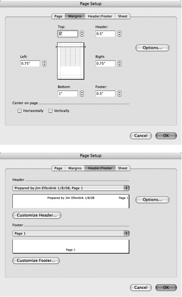 Top: The Margins portion of the Page Setup window gives you power over your sheet’s margins when printed, naturally. It lets you set top, left, right, and bottom margins, and it gives you the chance to determine how much top and bottom space is left over for headers and footers—useful if you have particularly large headers and footers. The checkboxes at the bottom of the box let you set how—and whether—your printouts are centered on the page.Bottom: The Header/Footer part of the Page Setup dialog box is where you can set text to be printed on the top or bottom—or both—of every page.