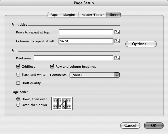 The Sheet portion of the Page Setup window lets you set a print area (if you haven’t already done so). If you want to display a certain range of data on every page, you can specify that certain rows repeat at the top of each page and/or columns repeat on the left of each page. It gives you five print options, letting you choose to print gridlines, row and column headings, print in black and white or draft quality, and print comments you may have added to the spreadsheet. Finally, you can choose print order: whether pages are printed down and then over, or over and then down.