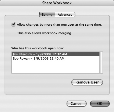 The Share Workbook dialog box reveals exactly who else is using a shared workbook. If you worry that one of your fellow network citizens is about to make ill-advised changes, click his name and then click Remove User. Your comrade is now ejected from the spreadsheet party. If he tries to save changes to the file, he’ll get an error message explaining the situation. Please note that there’s little security in shared workbooks. As you can see, two people are logged in and able to make changes from two different Macs at the same time. Of course, if you password protect the sheet before sharing it, you’ll achieve a basic, keeping-honest-people-honest level of security.