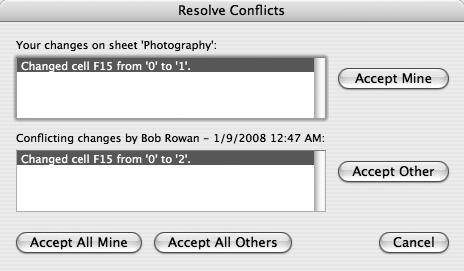 The Result Conflicts dialog box appears when two people try to change the same cell. You’re given the option of accepting one change or the other. If Excel lists more than one conflict, you can also choose to accept either all of your changes or all of your co-worker’s.