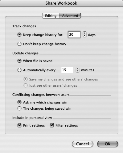 To prep your workbook for later merging, turn on the “Keep change history” option in the Share Workbook dialog box. You also have to complete your merge within the time limit that you set in the “Track changes” area. Once you’re ready to bring everything together, choose Tools → Merge Workbooks and select the first workbook that you want to merge into the current workbook.