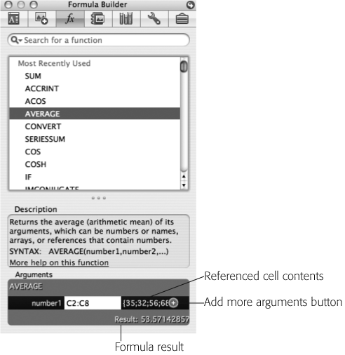 Excel’s Formula Builder conveniently presents an amazing amount of information about a selected cell’s formula. It’s especially helpful for times when you know something about the formula that you’re entering, but you need a little help with the details. The Formula Builder not only shows the result of the formula but also lists the arguments and the referenced cell contents. It gives a short description of the function and shows its syntax. Click “More help on this function” to open the functions page in Excel Help for a more detailed description and further examples. You can modify your function by editing directly in this window; click the plus-sign button to add more arguments.