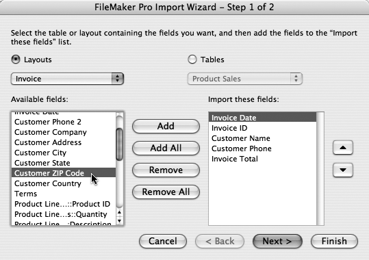 If one of the FileMaker file’s layouts contains the fields you want, click the Layouts button and select its name from the pop-up menu. Otherwise, click the Tables button and select the database file name from its pop-up menu (which also displays the names of other linked FileMaker files) to display the list of every field in the database. Next, choose the fields you want by double-clicking each in the “Available fields” pane on the left. (Move all fields at once by clicking the Add All button.) This action adds each selected field to the pane on the right. You can then rearrange the order of the fields in the right-hand list by selecting one and then clicking the up and down arrow buttons on the right.